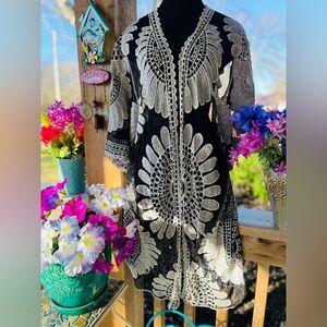 Ember Black Net w Ivory Embroidered Design Sheer Open Front Kimono Cardigan